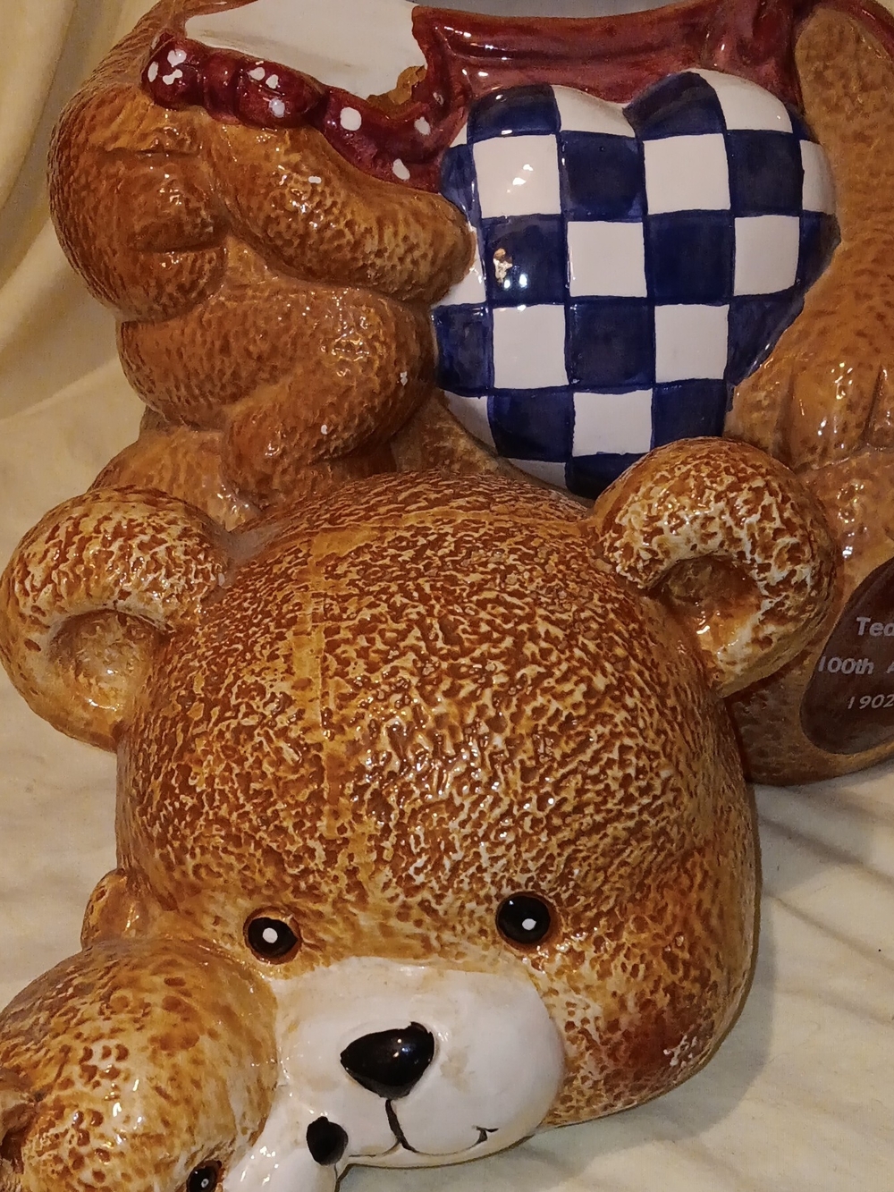 Blue & White Check Heart Bear Cookie Jar - Home Kitchen Food Storage - Picture 4 of 6
